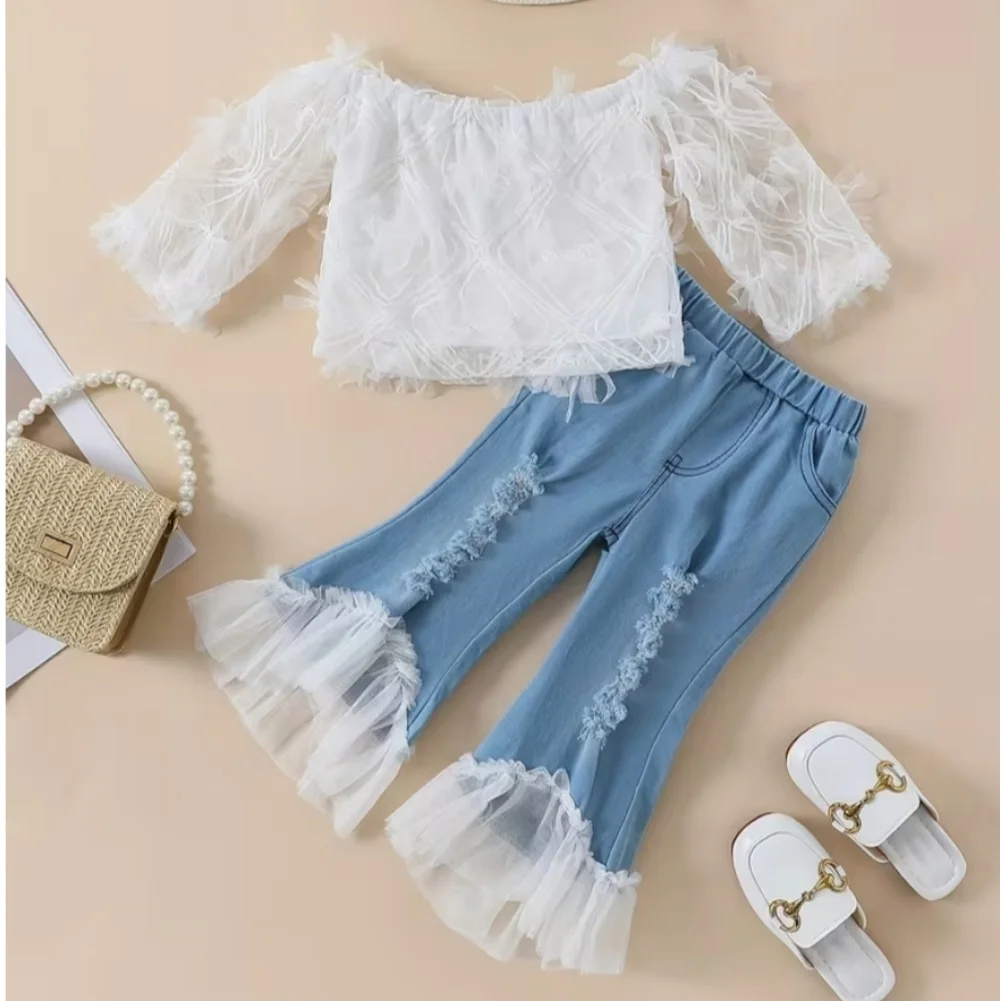 White Lace Off-Shoulder Top & Light Blue Ruffle Hem Jeans Toddler Girls Kids Set